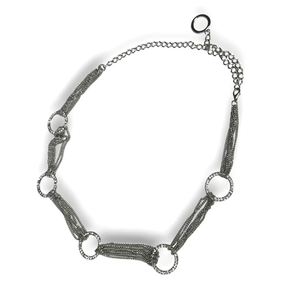 Vintage 90s Multi-Layer Silver Chain Belt Rhinestone O-Rings Adjustable 48 Inch - Picture 1 of 5